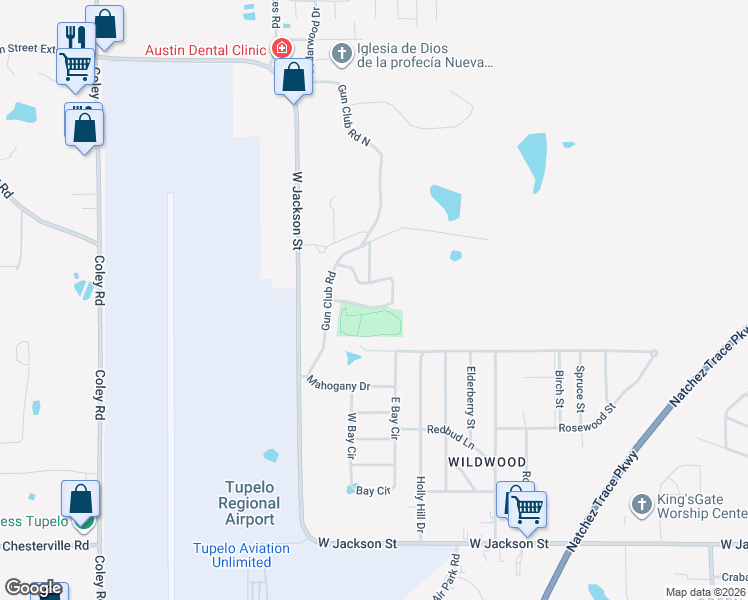 map of restaurants, bars, coffee shops, grocery stores, and more near 3239 Winchester Circle in Tupelo