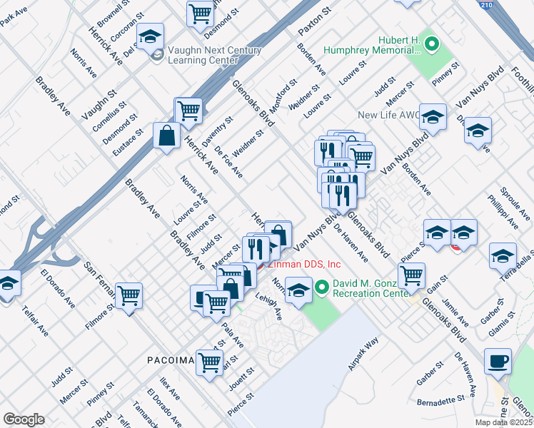 map of restaurants, bars, coffee shops, grocery stores, and more near 11180 Herrick Avenue in Los Angeles