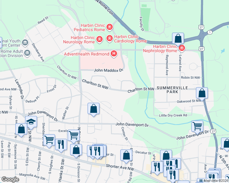 map of restaurants, bars, coffee shops, grocery stores, and more near 603 Charlton Street Northwest in Rome