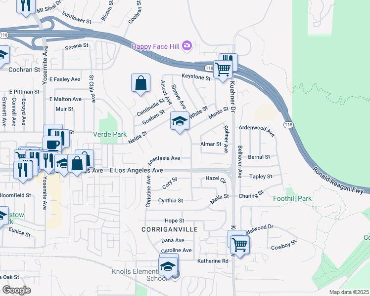 map of restaurants, bars, coffee shops, grocery stores, and more near 2098 Finch Court in Simi Valley