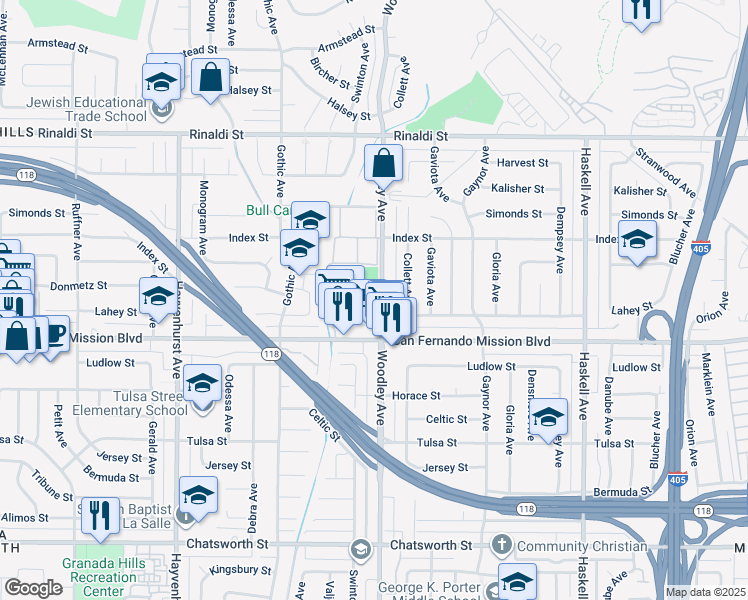 map of restaurants, bars, coffee shops, grocery stores, and more near 11151 Woodley Avenue in Los Angeles