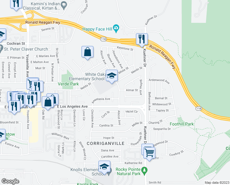 map of restaurants, bars, coffee shops, grocery stores, and more near 2086 Finch Court in Simi Valley