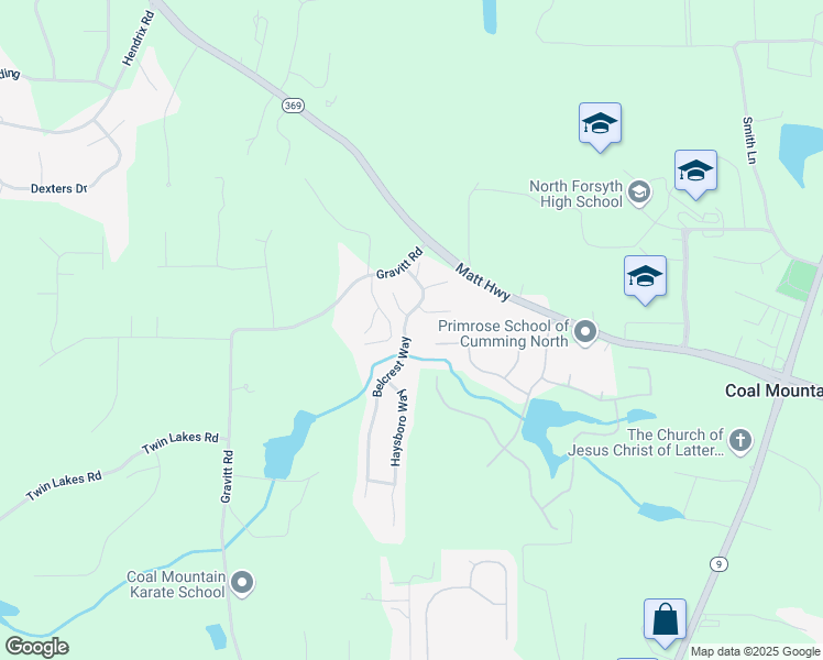 map of restaurants, bars, coffee shops, grocery stores, and more near 4615 Belcrest Way in Cumming