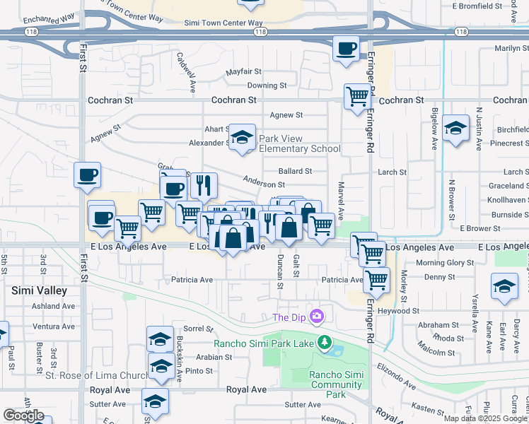 map of restaurants, bars, coffee shops, grocery stores, and more near 1608 Alviso Street in Simi Valley