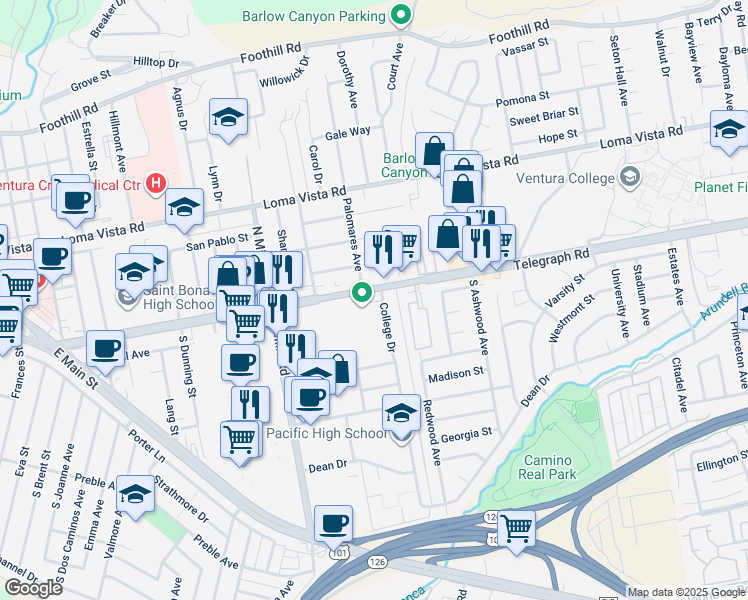 map of restaurants, bars, coffee shops, grocery stores, and more near 19 College Drive in Ventura