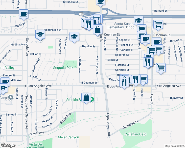 map of restaurants, bars, coffee shops, grocery stores, and more near 3975 Hemway Court in Simi Valley