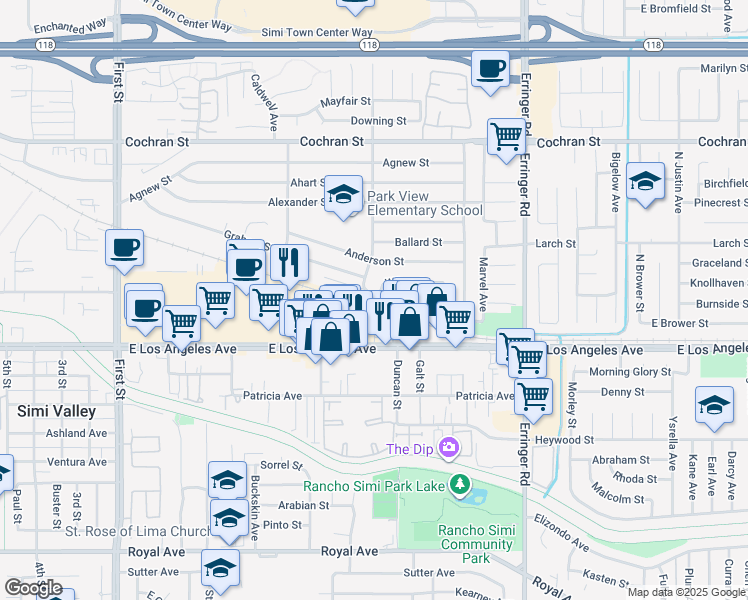map of restaurants, bars, coffee shops, grocery stores, and more near 1608 Alviso Street in Simi Valley