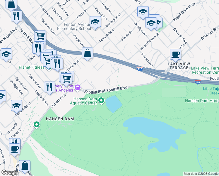 map of restaurants, bars, coffee shops, grocery stores, and more near 11641 Foothill Boulevard in Los Angeles