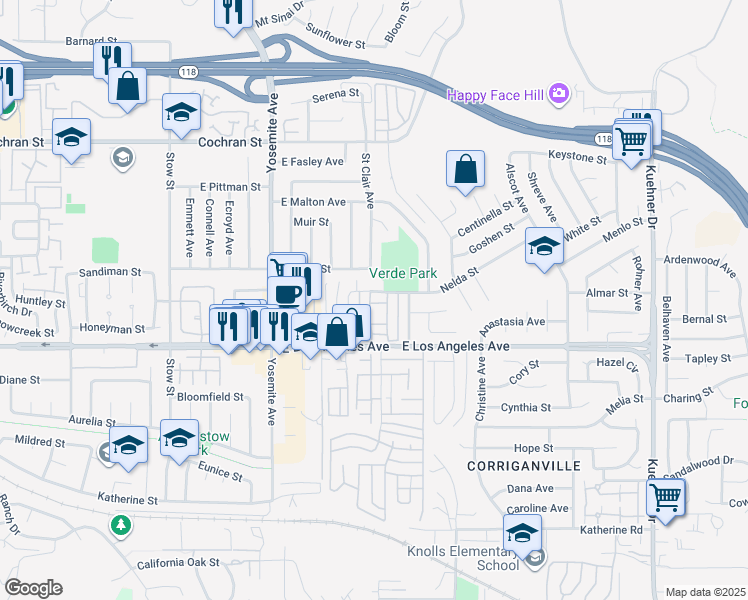 map of restaurants, bars, coffee shops, grocery stores, and more near 6002 Nelda Street in Simi Valley
