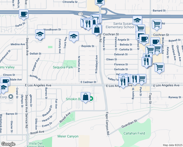 map of restaurants, bars, coffee shops, grocery stores, and more near 3975 Hemway Court in Simi Valley