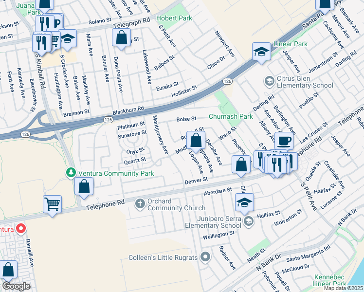 map of restaurants, bars, coffee shops, grocery stores, and more near 8463 Medford Street in Ventura