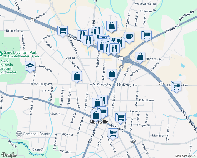 map of restaurants, bars, coffee shops, grocery stores, and more near 404 Highland Avenue in Albertville