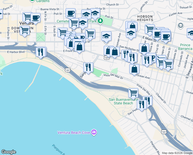 map of restaurants, bars, coffee shops, grocery stores, and more near 1497 Vista Del Mar Place in Ventura