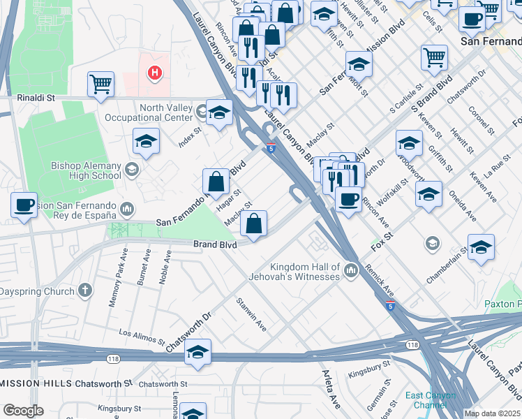 map of restaurants, bars, coffee shops, grocery stores, and more near 14727 Macneil Street in Los Angeles