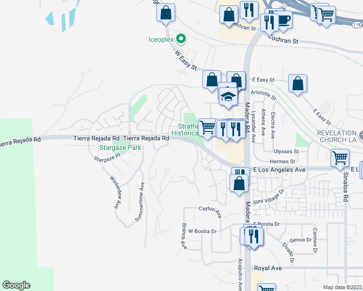 map of restaurants, bars, coffee shops, grocery stores, and more near 190 Tierra Rejada Road in Simi Valley