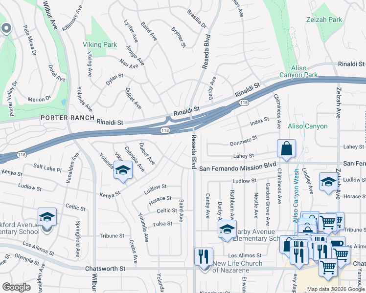 map of restaurants, bars, coffee shops, grocery stores, and more near 11145 Amigo Avenue in Los Angeles