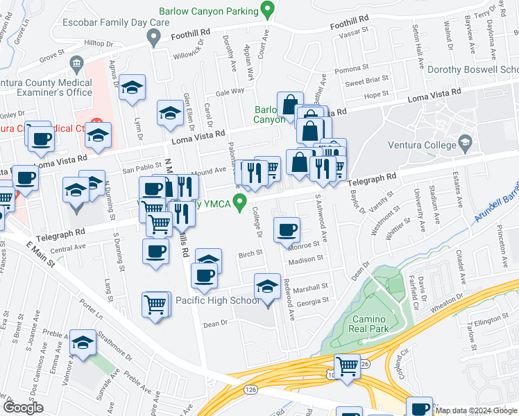 map of restaurants, bars, coffee shops, grocery stores, and more near 22 College Drive in Ventura