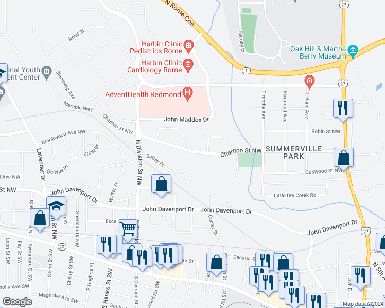 map of restaurants, bars, coffee shops, grocery stores, and more near 607 Charlton Street Northwest in Rome