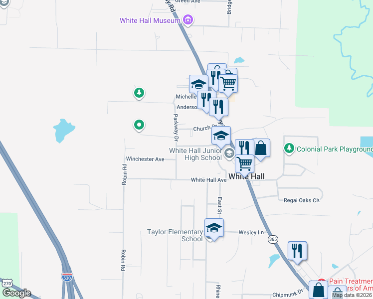 map of restaurants, bars, coffee shops, grocery stores, and more near 400 Cooper Street in White Hall