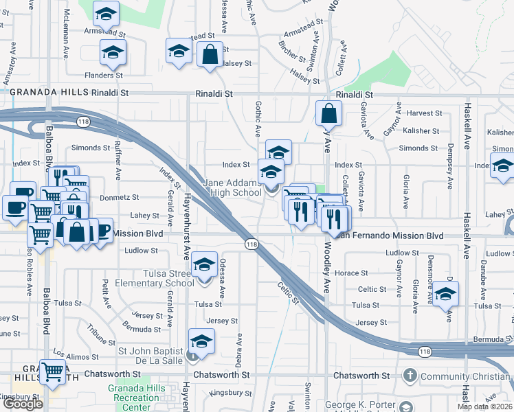 map of restaurants, bars, coffee shops, grocery stores, and more near 16404 Donmetz Street in Los Angeles