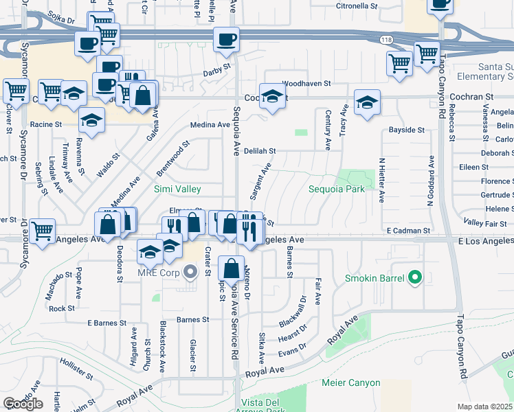 map of restaurants, bars, coffee shops, grocery stores, and more near 2094 Sargent Avenue in Simi Valley