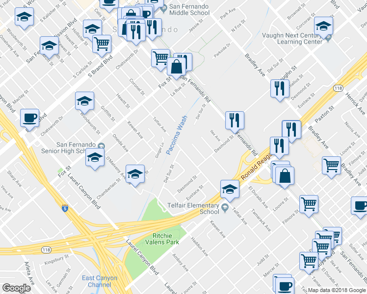 map of restaurants, bars, coffee shops, grocery stores, and more near 11200 Telfair Avenue in Los Angeles