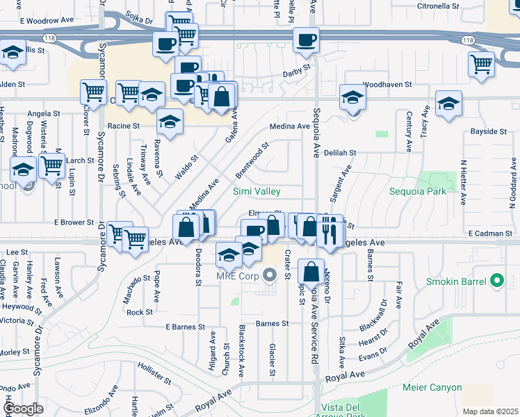map of restaurants, bars, coffee shops, grocery stores, and more near 3233 Elmore Street in Simi Valley