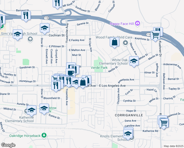 map of restaurants, bars, coffee shops, grocery stores, and more near 6002 Nelda Street in Simi Valley