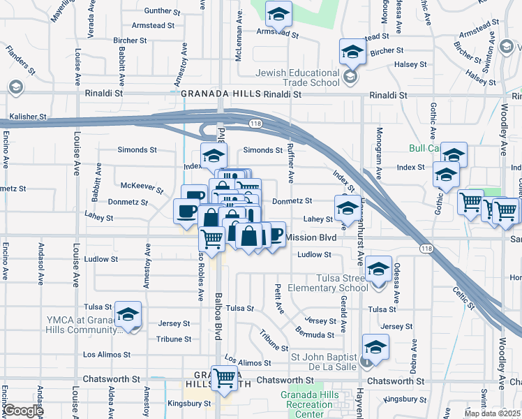map of restaurants, bars, coffee shops, grocery stores, and more near 16857 San Fernando Mission Boulevard in Los Angeles