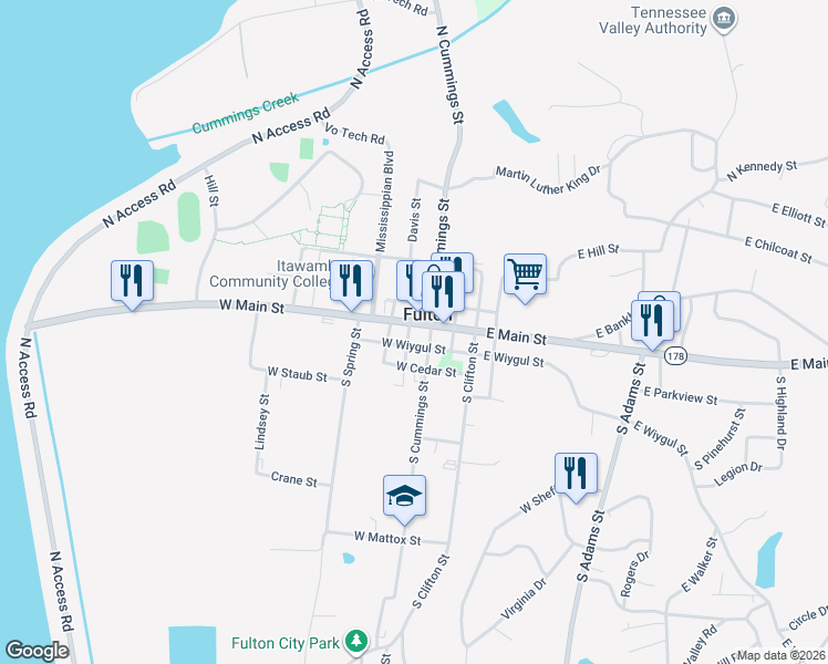map of restaurants, bars, coffee shops, grocery stores, and more near 100-198 South Robbins Street in Fulton