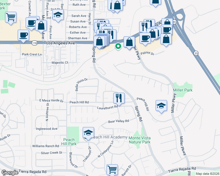 map of restaurants, bars, coffee shops, grocery stores, and more near 4538 McBeth Court in Moorpark