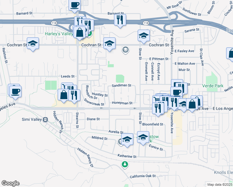 map of restaurants, bars, coffee shops, grocery stores, and more near 2072 Kingman Avenue in Simi Valley