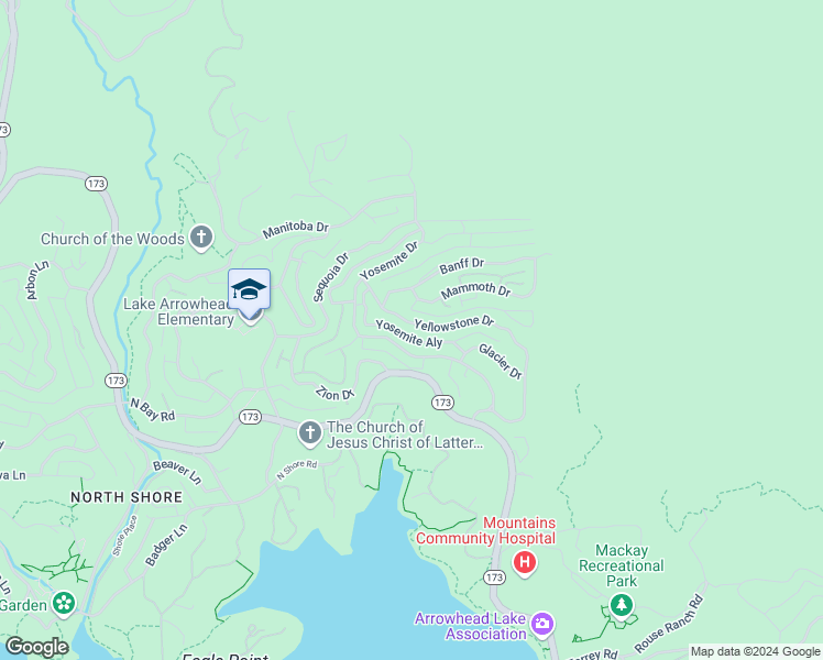 map of restaurants, bars, coffee shops, grocery stores, and more near 1358 Yellowstone Drive in Lake Arrowhead