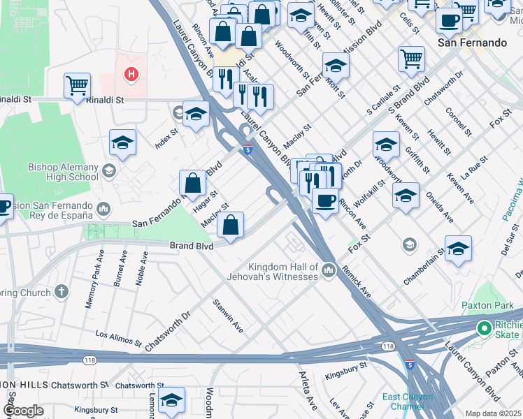 map of restaurants, bars, coffee shops, grocery stores, and more near 14625 South Brand Boulevard in Los Angeles
