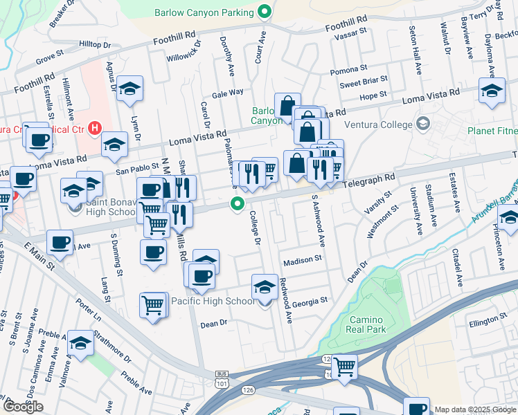 map of restaurants, bars, coffee shops, grocery stores, and more near 16 College Drive in Ventura