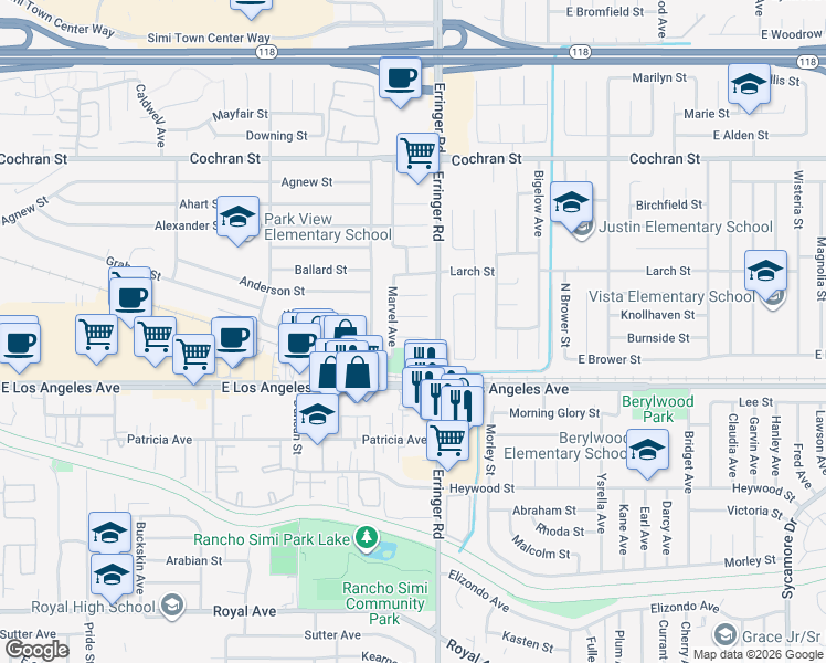 map of restaurants, bars, coffee shops, grocery stores, and more near 1835 Hillary Court in Simi Valley