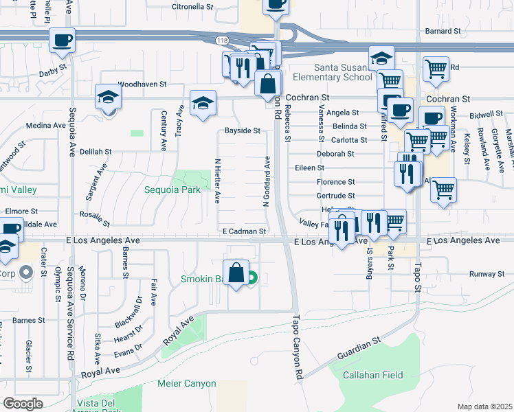 map of restaurants, bars, coffee shops, grocery stores, and more near 3975 Hemway Court in Simi Valley