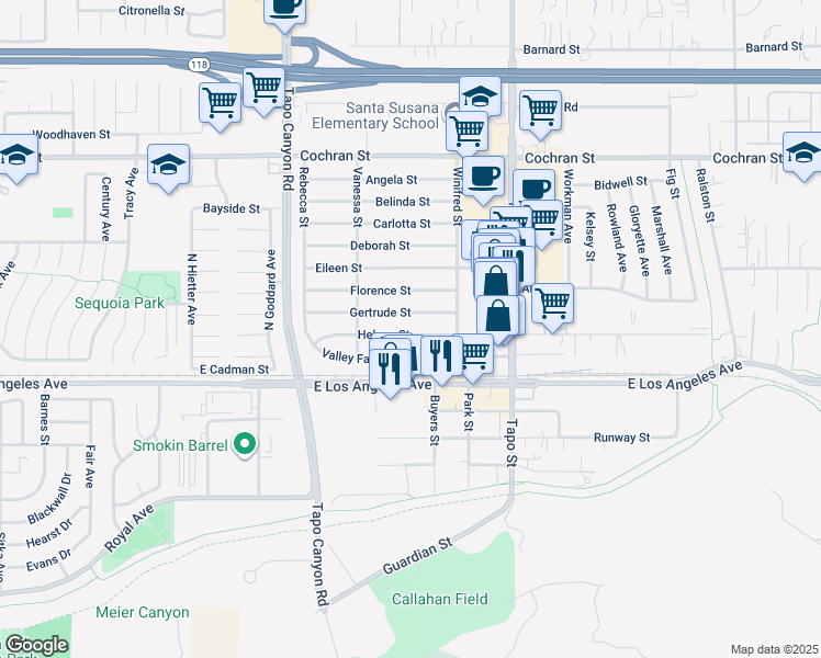 map of restaurants, bars, coffee shops, grocery stores, and more near 4193 Helene Street in Simi Valley