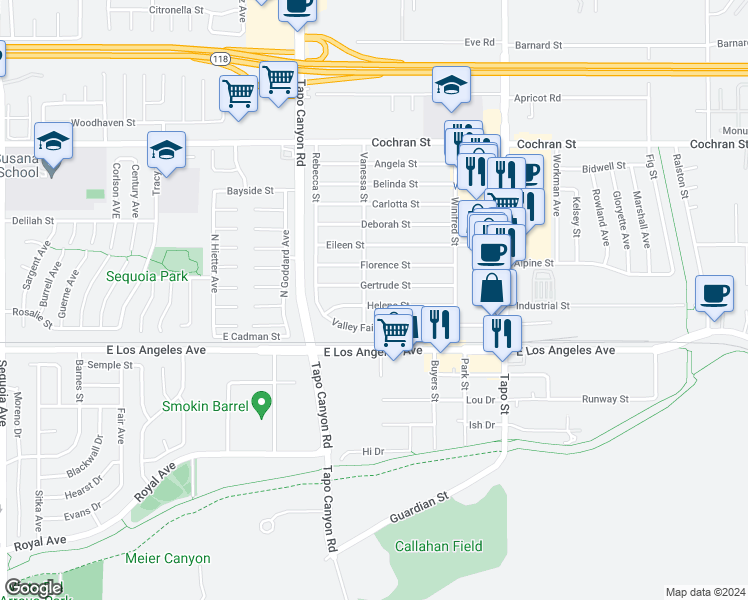 map of restaurants, bars, coffee shops, grocery stores, and more near 4119 Helene Street in Simi Valley