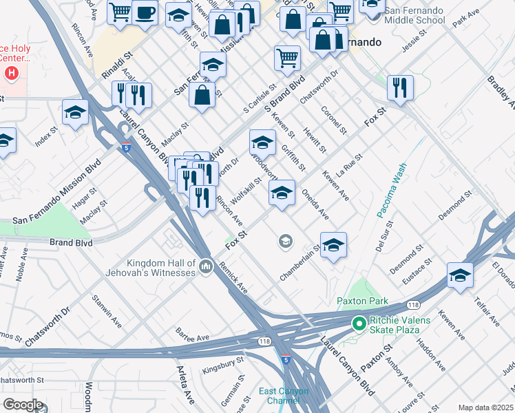 map of restaurants, bars, coffee shops, grocery stores, and more near 11207 Amboy Avenue in San Fernando