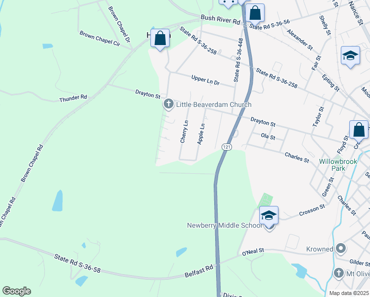 map of restaurants, bars, coffee shops, grocery stores, and more near 623 Cherry Lane in Newberry