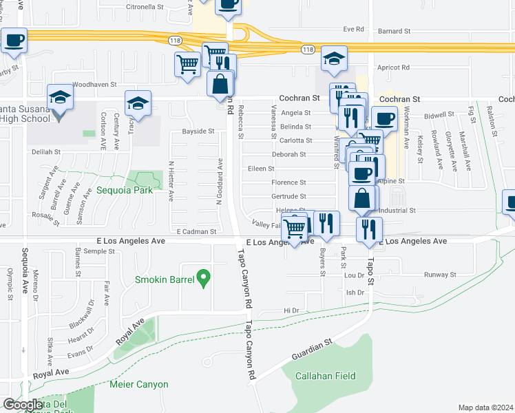 map of restaurants, bars, coffee shops, grocery stores, and more near 4049 Helene Street in Simi Valley