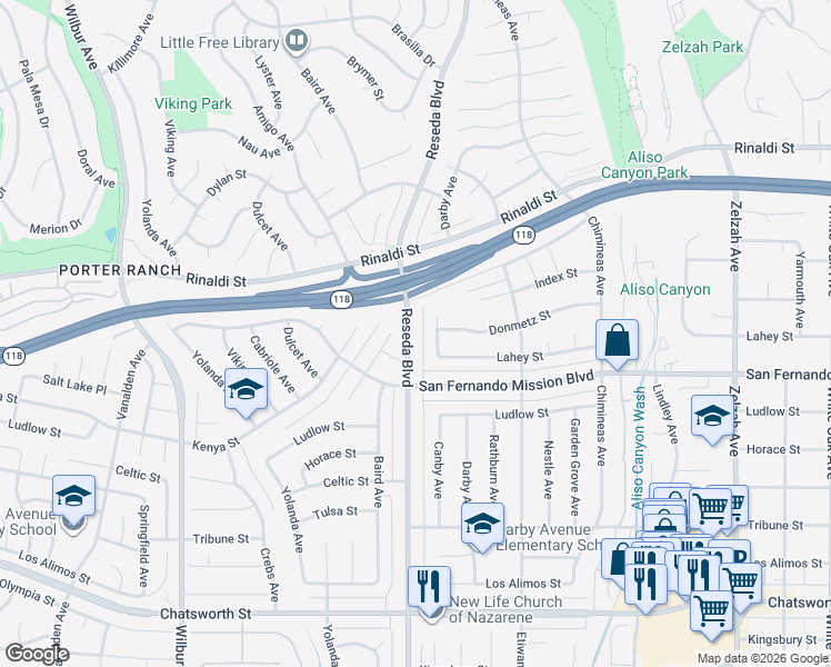 map of restaurants, bars, coffee shops, grocery stores, and more near 11154 Reseda Boulevard in Los Angeles