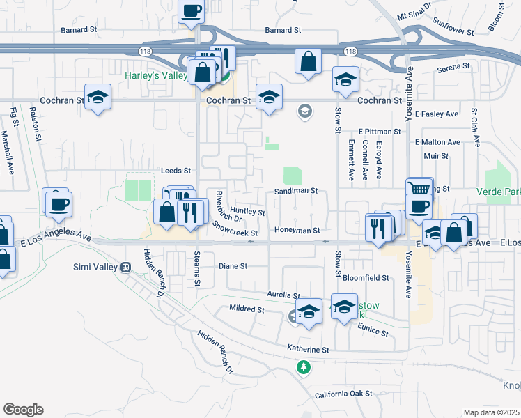 map of restaurants, bars, coffee shops, grocery stores, and more near 5395 Huntley Street in Simi Valley