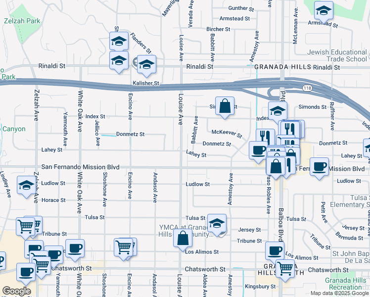 map of restaurants, bars, coffee shops, grocery stores, and more near 11144 Louise Avenue in Los Angeles