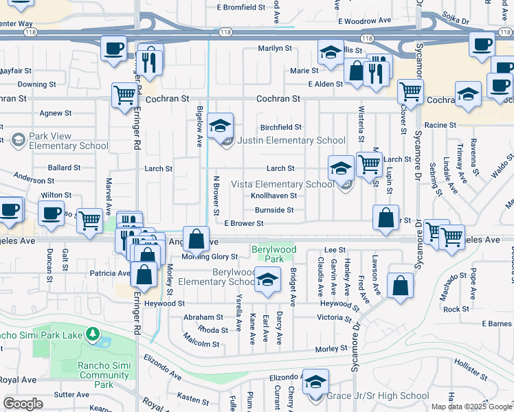 map of restaurants, bars, coffee shops, grocery stores, and more near 2241 Burnside Street in Simi Valley