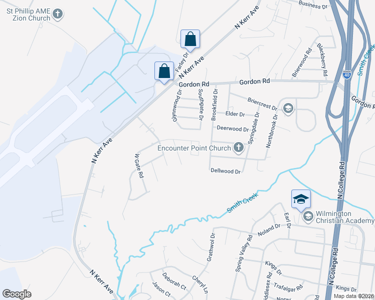 map of restaurants, bars, coffee shops, grocery stores, and more near 406 Monty Drive in Wilmington