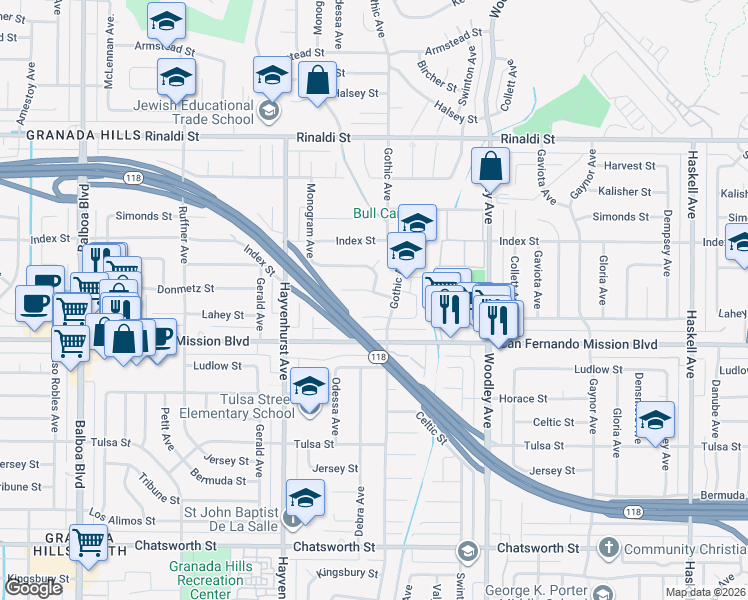 map of restaurants, bars, coffee shops, grocery stores, and more near 16422 Donmetz Street in Los Angeles