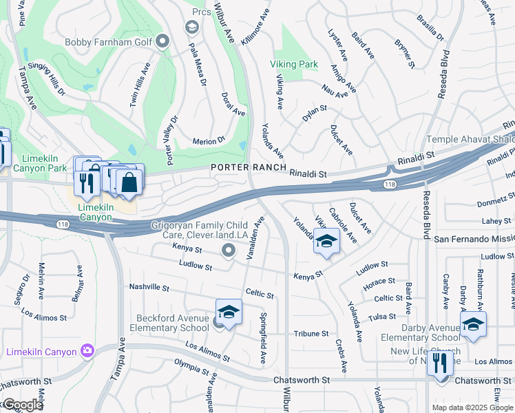 map of restaurants, bars, coffee shops, grocery stores, and more near 11217 Wilbur Avenue in Los Angeles