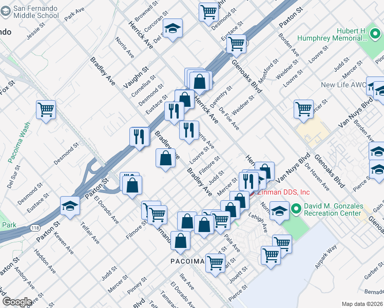 map of restaurants, bars, coffee shops, grocery stores, and more near 13249 Louvre Street in Los Angeles